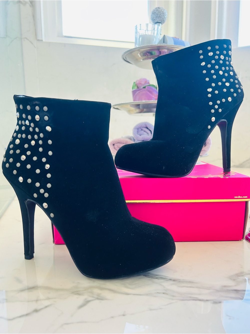 Madeline  Girl Women's Black Suede Studded High-Heel Ankle Boots -Size 8 1/2